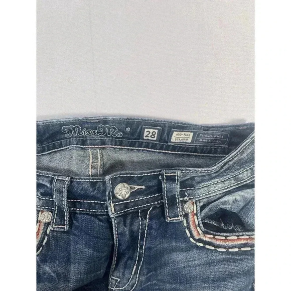 MISS ME Jeans Womens 28 30x33.5 Mid Rise Blue Distressed Denim Straight - Picture 5 of 9